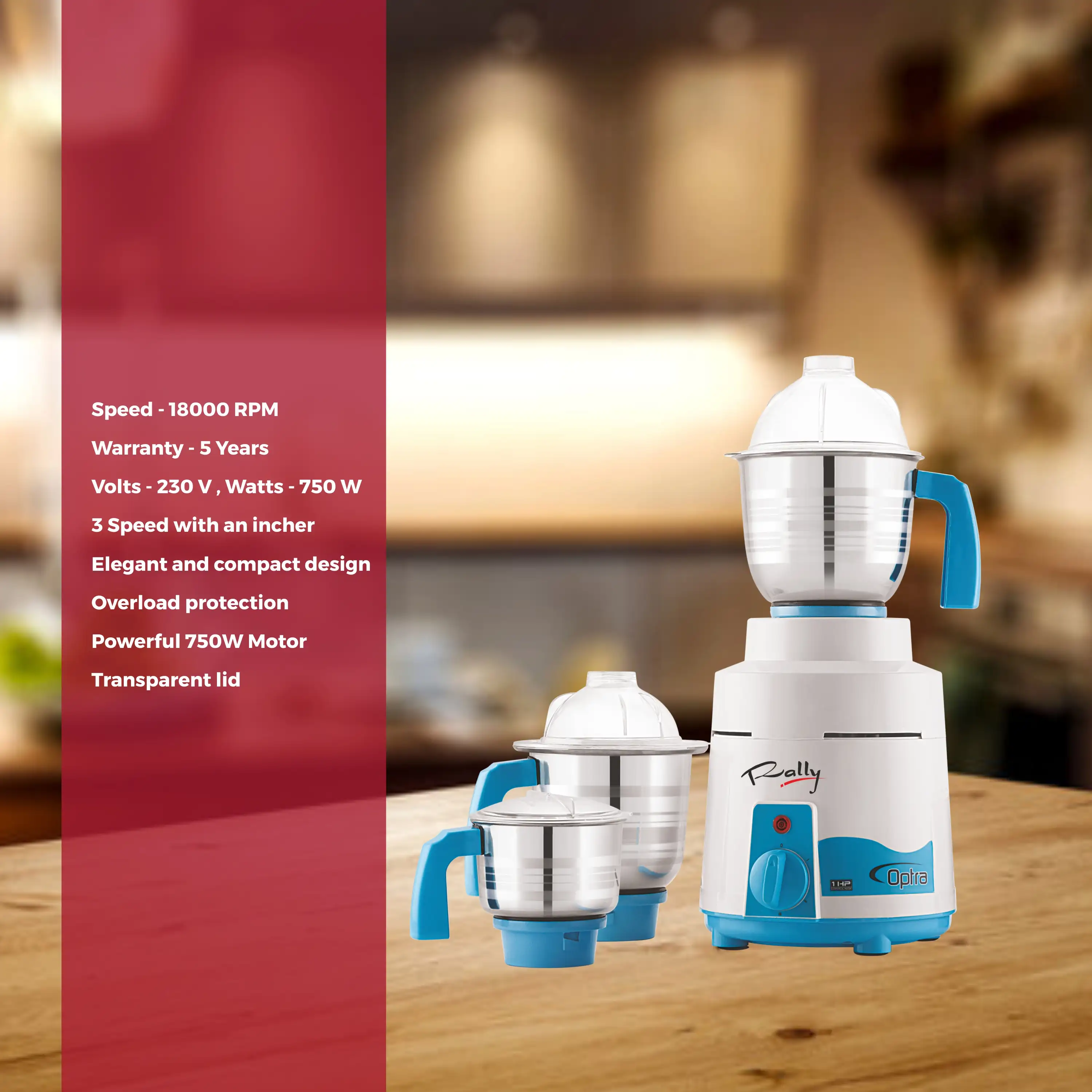 Rally Optra 1HP Mixer Grinder with 3 Stainless Steel Jars - Image 6