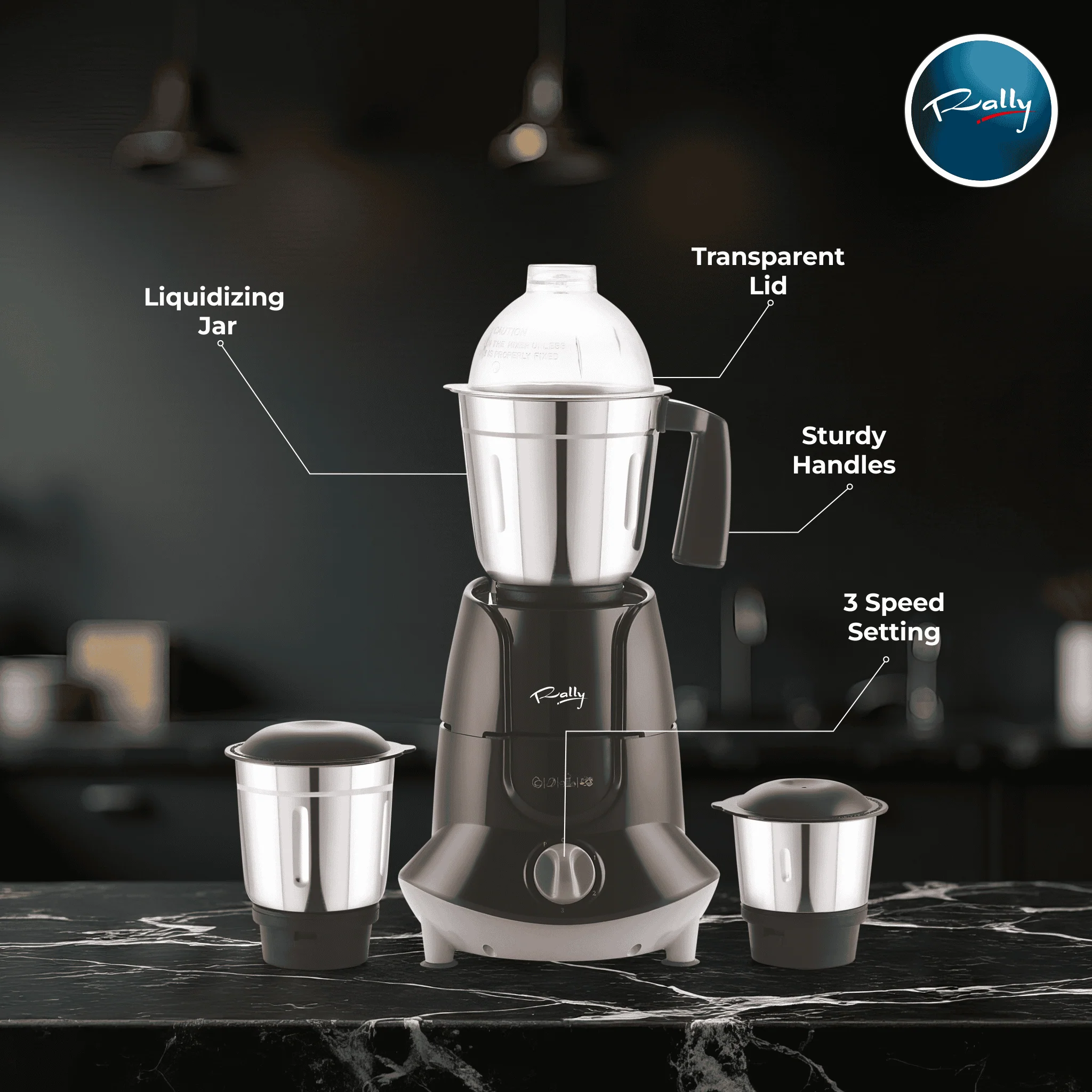 Rally Comet Mixer Grinder 750W 1 HP with 3 Stainless Steel Jars - Image 4
