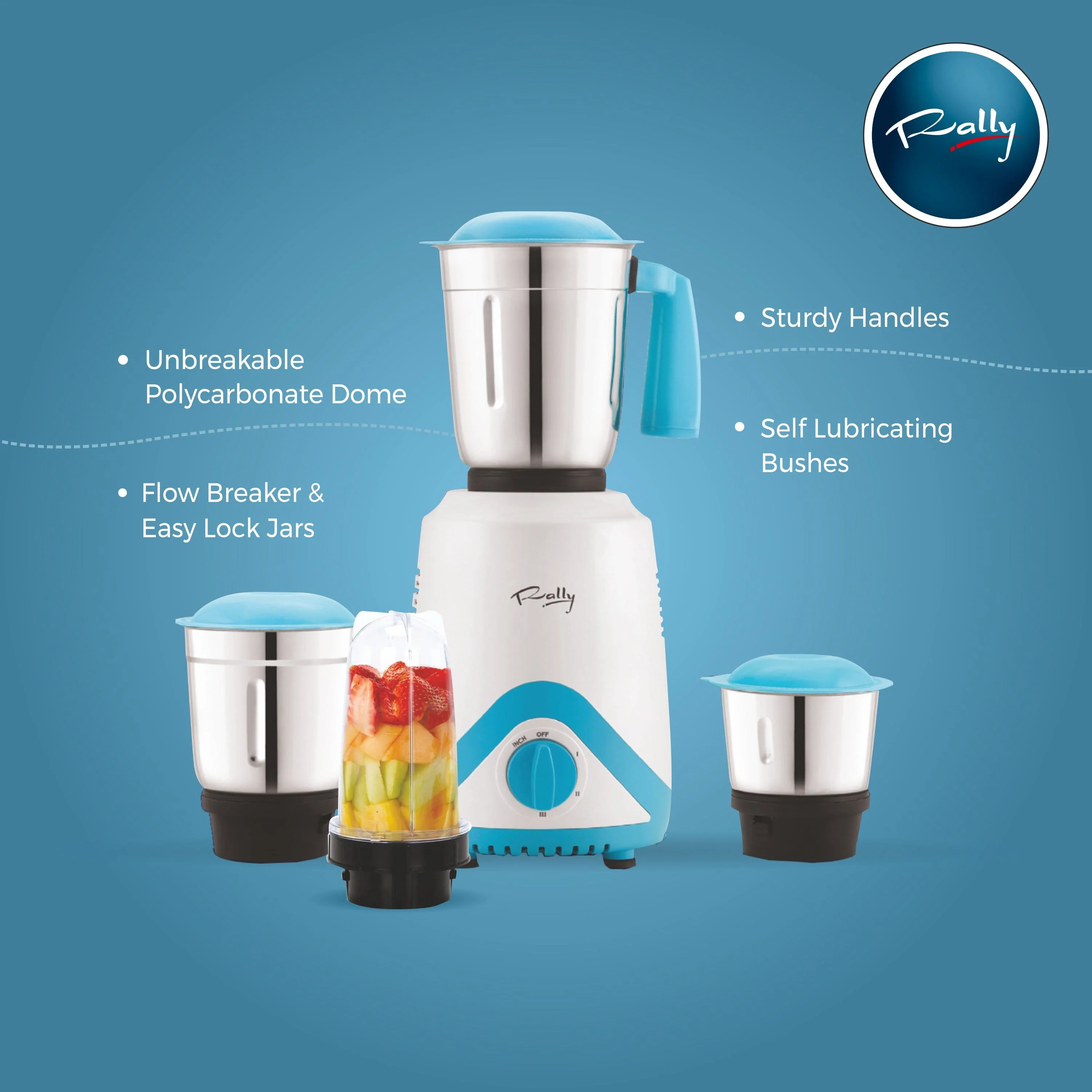 Rally Gloster Mixer Grinder 750W 1HP with 3 Stainless Steel Jars + 1 Fruit Jar - Image 4