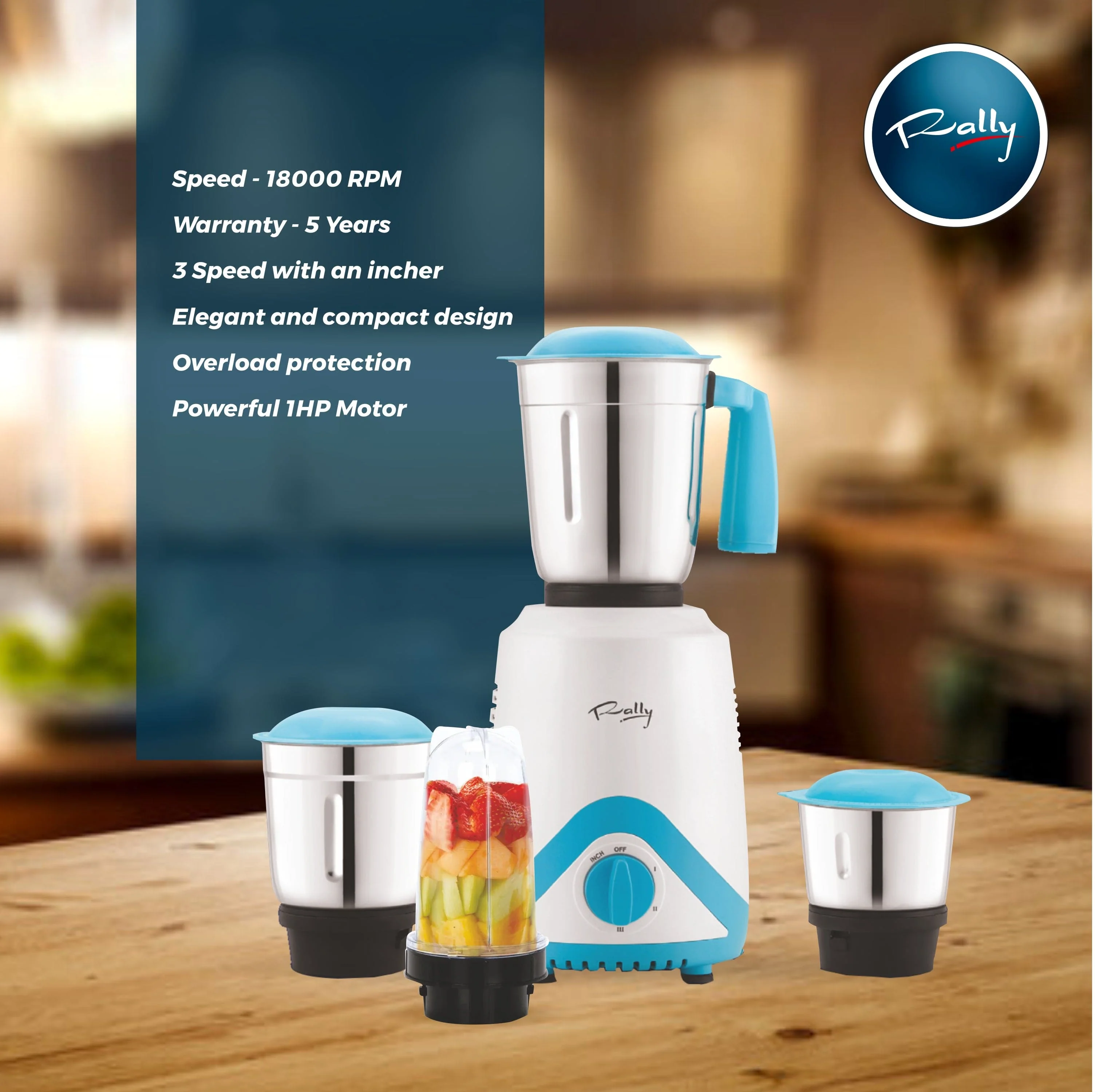 Rally Gloster Mixer Grinder 750W 1HP with 3 Stainless Steel Jars + 1 Fruit Jar - Image 5