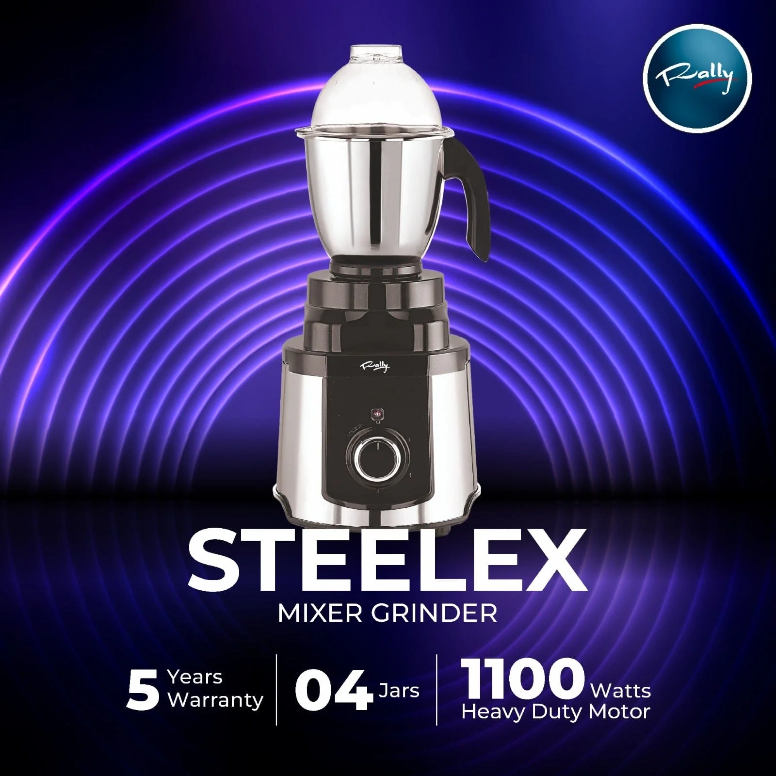 Rally Steelex Mixer Grinder 1100W with 4 Stainless Steel Jars - Image 3